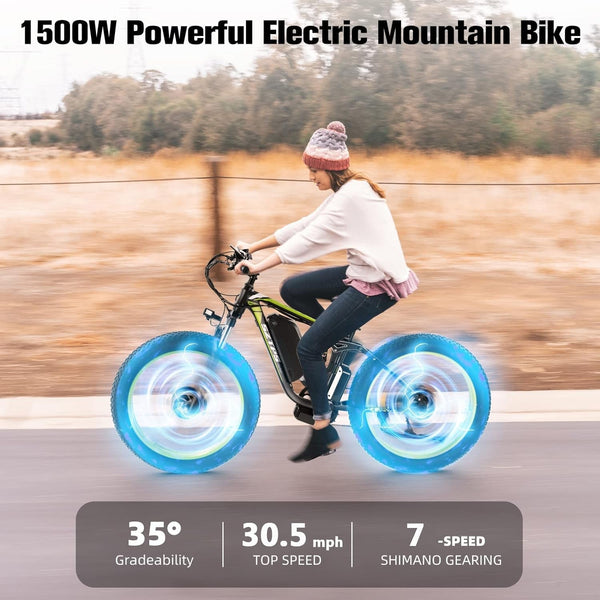 1500W Electric Bike for Adults, 26" Fat Tire Electric Mountain Bicycle, 48V 22.4Ah Removable Li-Ion Battery, Max 30.5Mph E-Bike Snow Beach,Electric