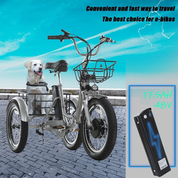 Adult Electric Tricycle 20-Inch Hub Electric Bicycle, 17.5AH Detachable Lithium Battery, 500W 48V Super High Power, Home, Travel, Off-Road, Fast