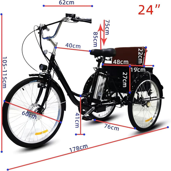 3 Wheel Adults Electric Bike for Adults, 24 Inch Electric City Bike with 12Ah Removable Lithium Battery & 350W Motor with Adjustable Cruiser Bike Seat