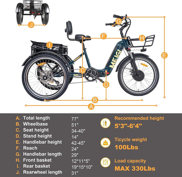 3 Wheel Electric Bicycle 750W Motor 48V 13AH Battery with Turn Signal Reserve Gear, Foldable 24" Tire Electric Cruiser Tricycle