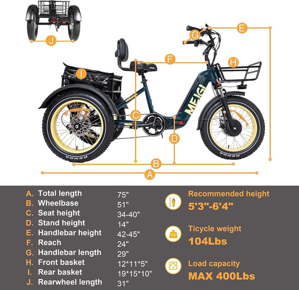 20" Fat Tire Electric Trikes, 750W Bafang Motor 48V 14Ah Samsung Removable Battery, 7 Speed with Differential, 3 Wheel Electric Bikes for Seniors